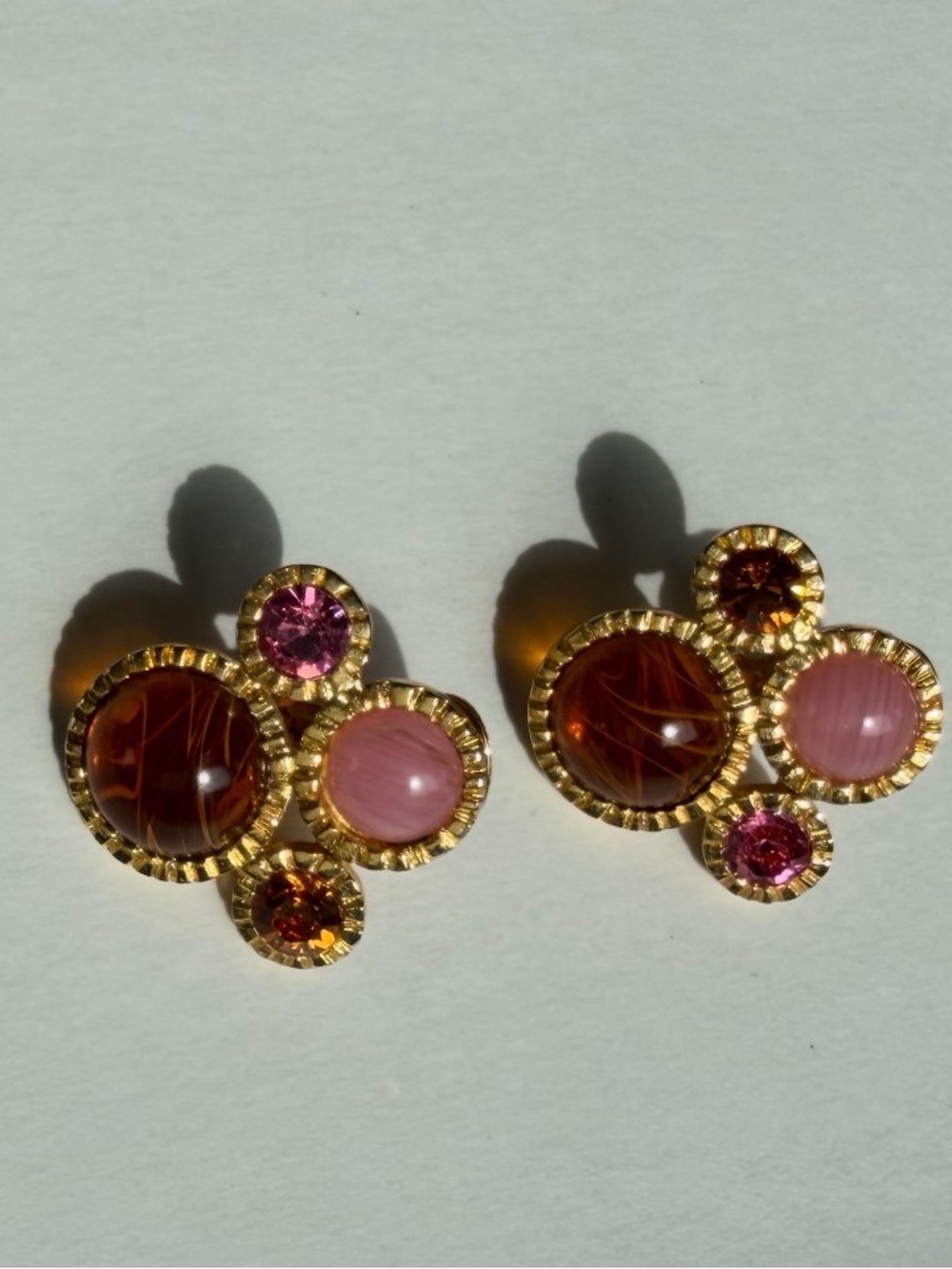 Kenneth Jay Lane Gold-Tone Pink and Amber Cluster Clip On Earrings Vintage